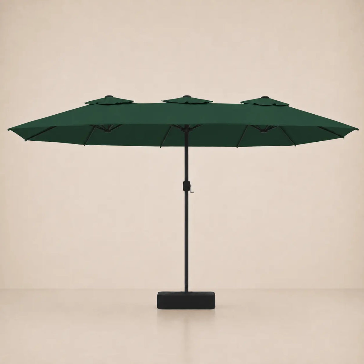 Green double canopy market umbrella with integrated LED lights, black aluminium pole and weighted square base
