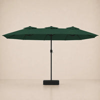 Green double canopy market umbrella with integrated LED lights, black aluminium pole and weighted square base