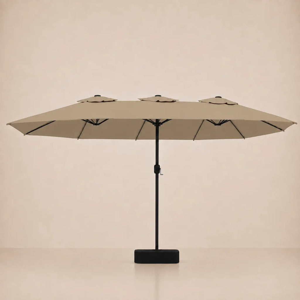 Taupe double canopy market umbrella with integrated LED lights, black aluminium pole and weighted square base