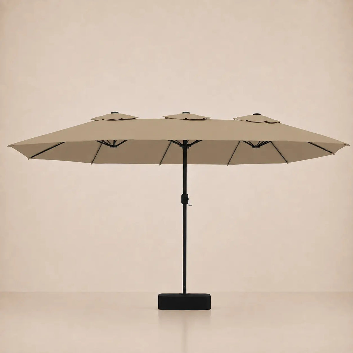 Taupe double canopy market umbrella with integrated LED lights, black aluminium pole and weighted square base