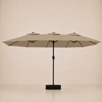 Taupe double canopy market umbrella with integrated LED lights, black aluminium pole and weighted square base