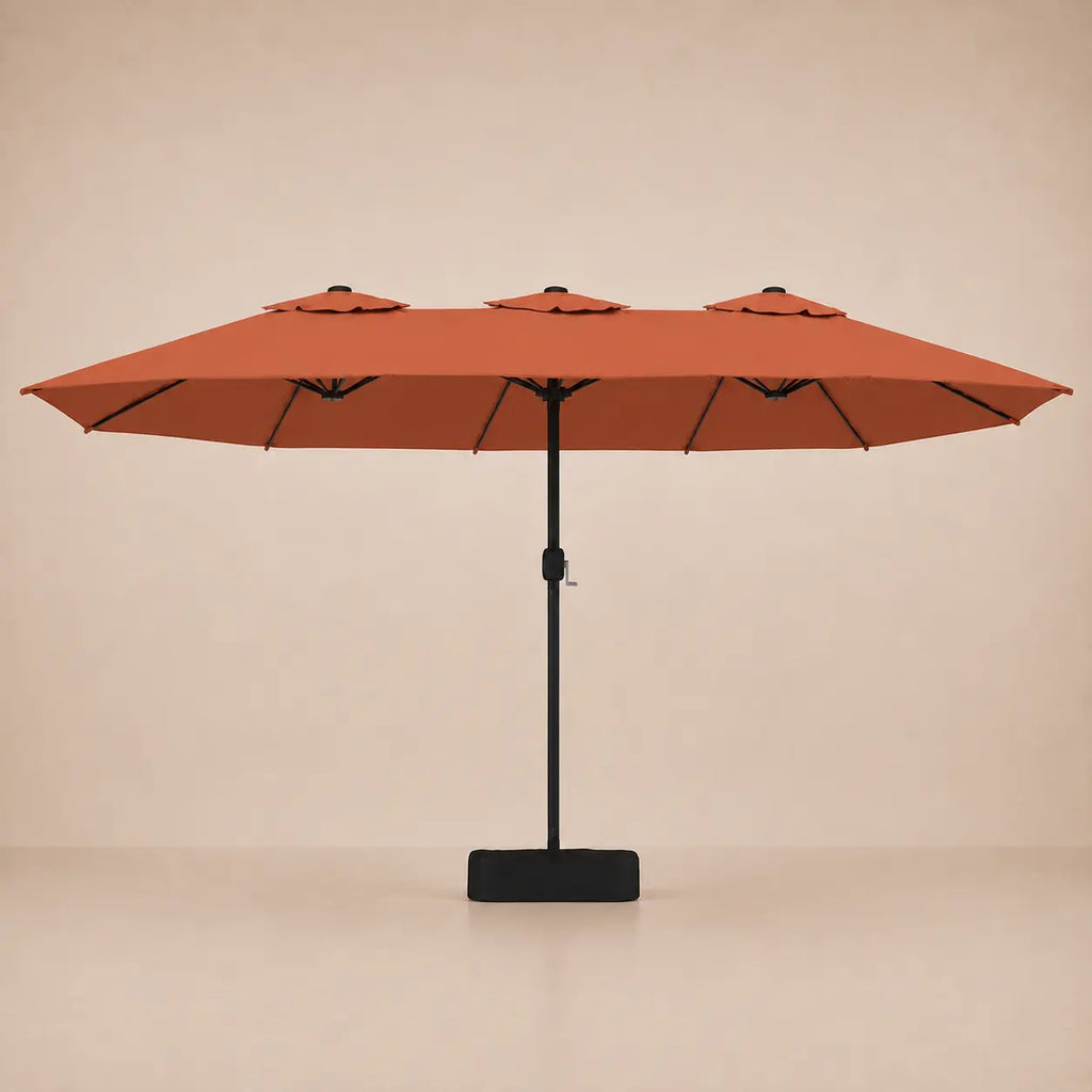 Terracotta double canopy market umbrella with integrated LED lights, black aluminium pole and weighted square base
