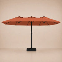 Terracotta double canopy market umbrella with integrated LED lights, black aluminium pole and weighted square base