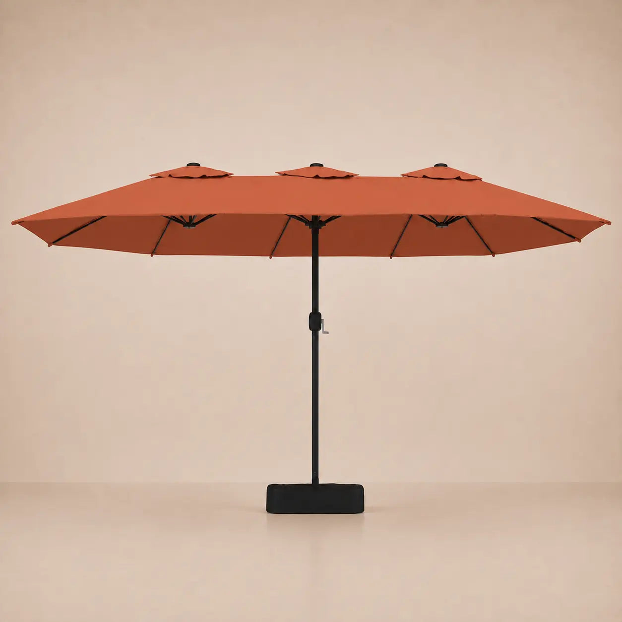 Terracotta double canopy market umbrella with integrated LED lights, black aluminium pole and weighted square base