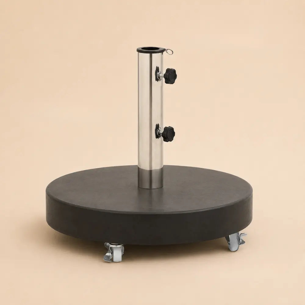 Round granite umbrella base on 4 castors – 30kg mobile stand with stainless steel pole tube and dual locking bolts, Bedrock Base