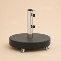 Round granite umbrella base on 4 castors – 30kg mobile stand with stainless steel pole tube and dual locking bolts, Bedrock Base