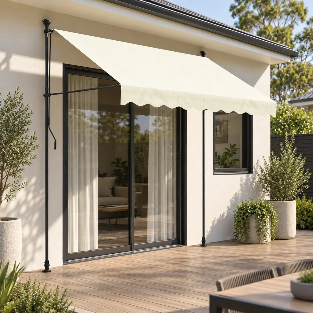 cream retractable awning shading outdoor patio