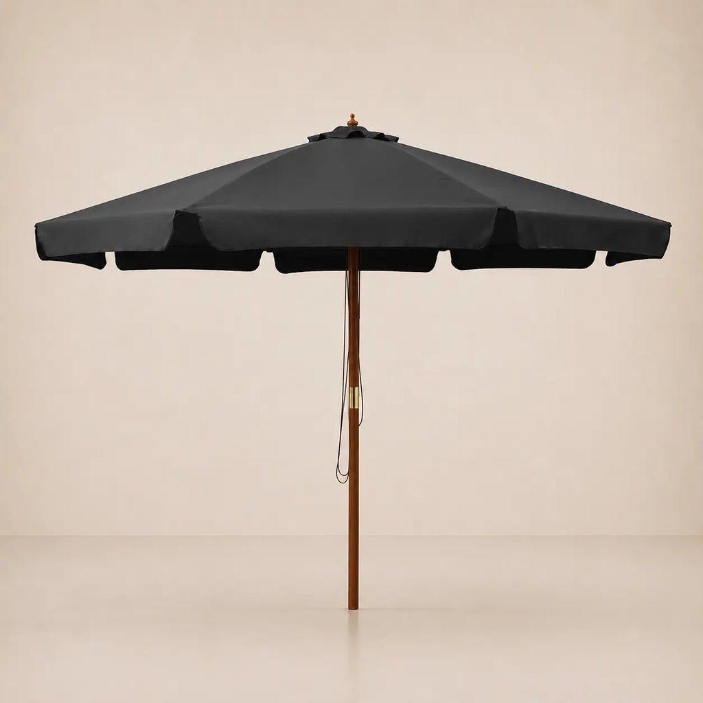 3.3m anthracite market umbrella with hardwood pole, brass hardware and double pulley cord system