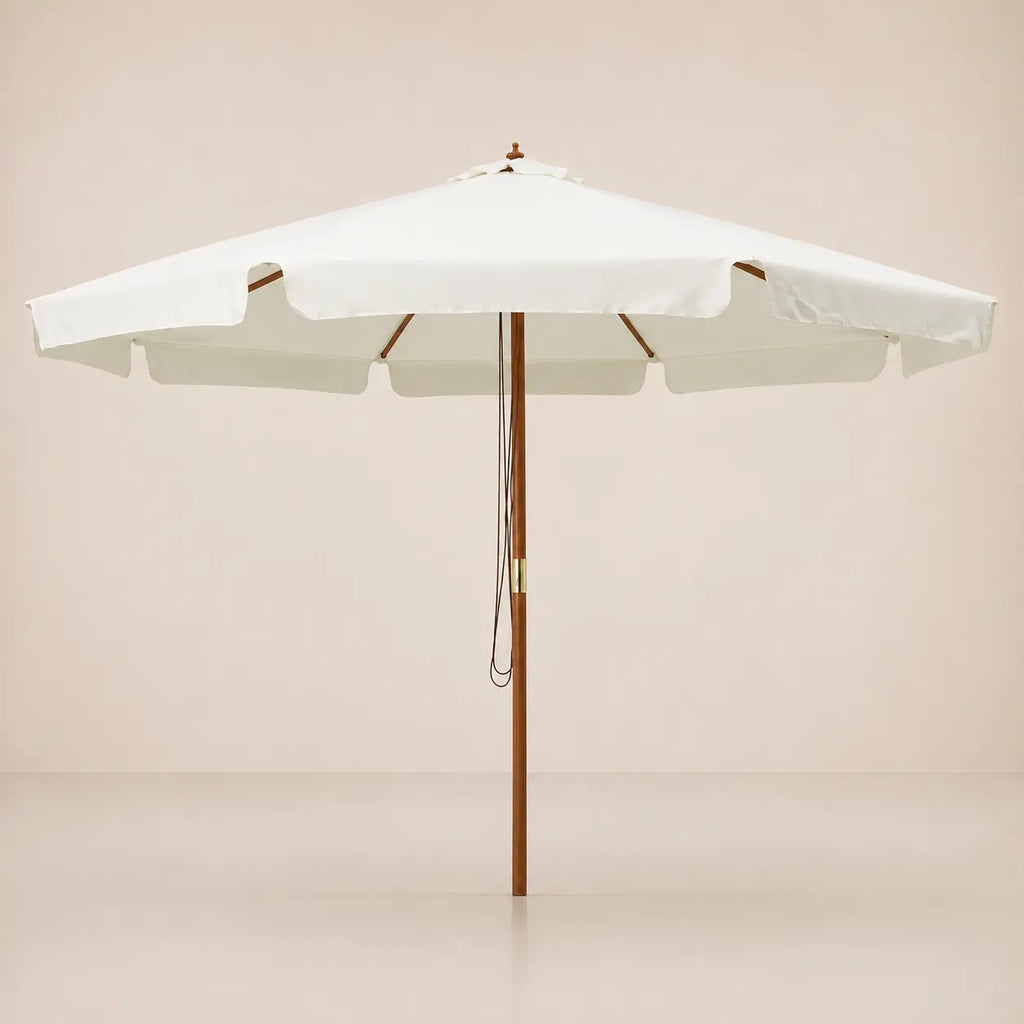 3.3m sand white market umbrella with hardwood pole, brass hardware and double pulley cord system