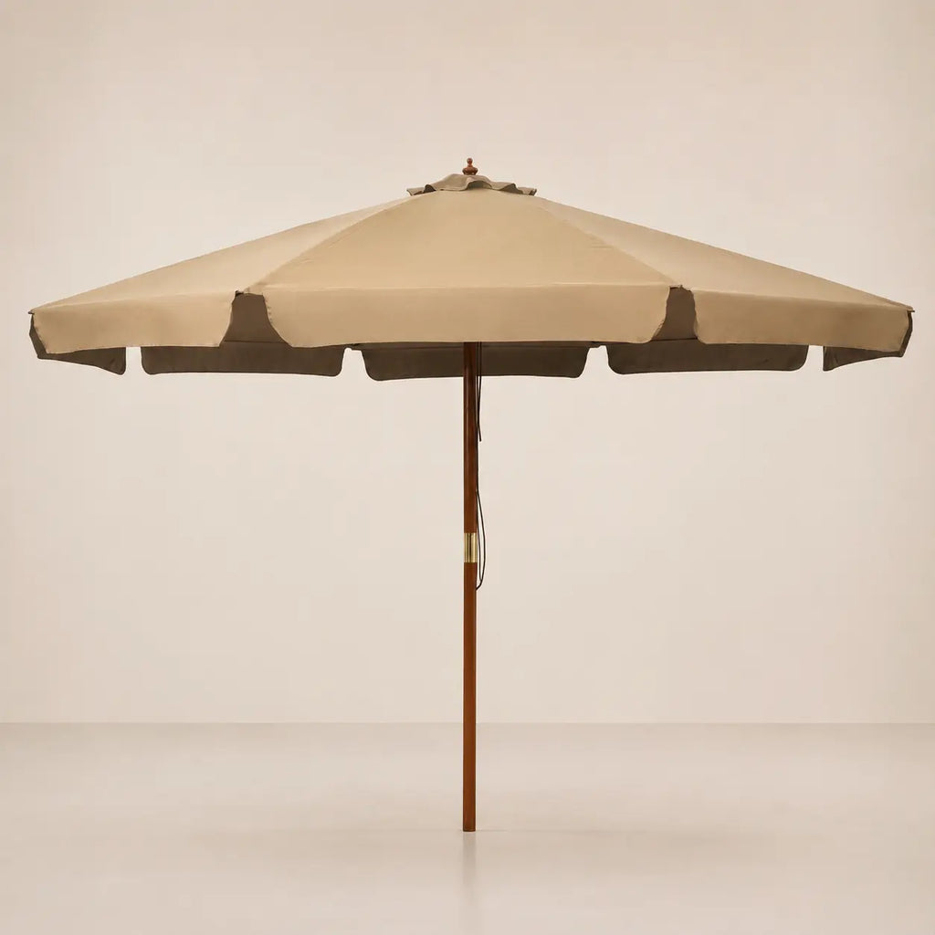 3.3m taupe market umbrella with hardwood pole, brass hardware and double pulley cord system