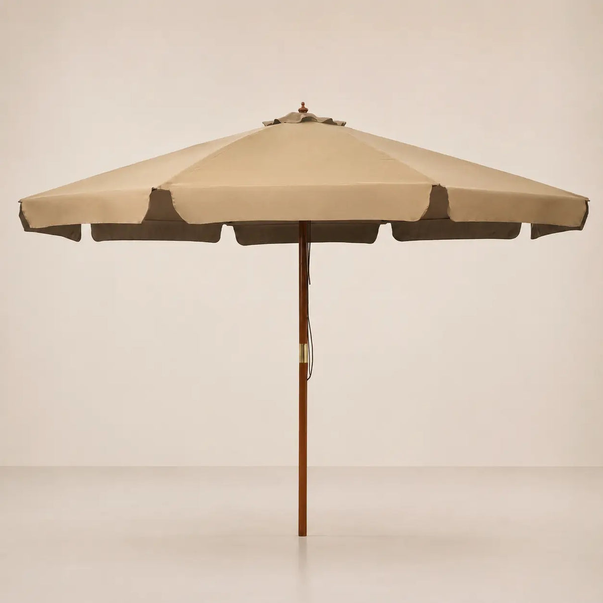 3.3m taupe market umbrella with hardwood pole, brass hardware and double pulley cord system
