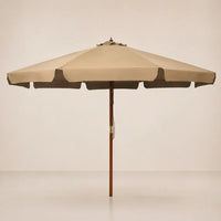 3.3m taupe market umbrella with hardwood pole, brass hardware and double pulley cord system