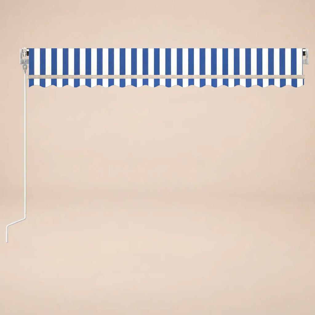 Blue and white striped retractable awning fully retracted, front view with scalloped valance
