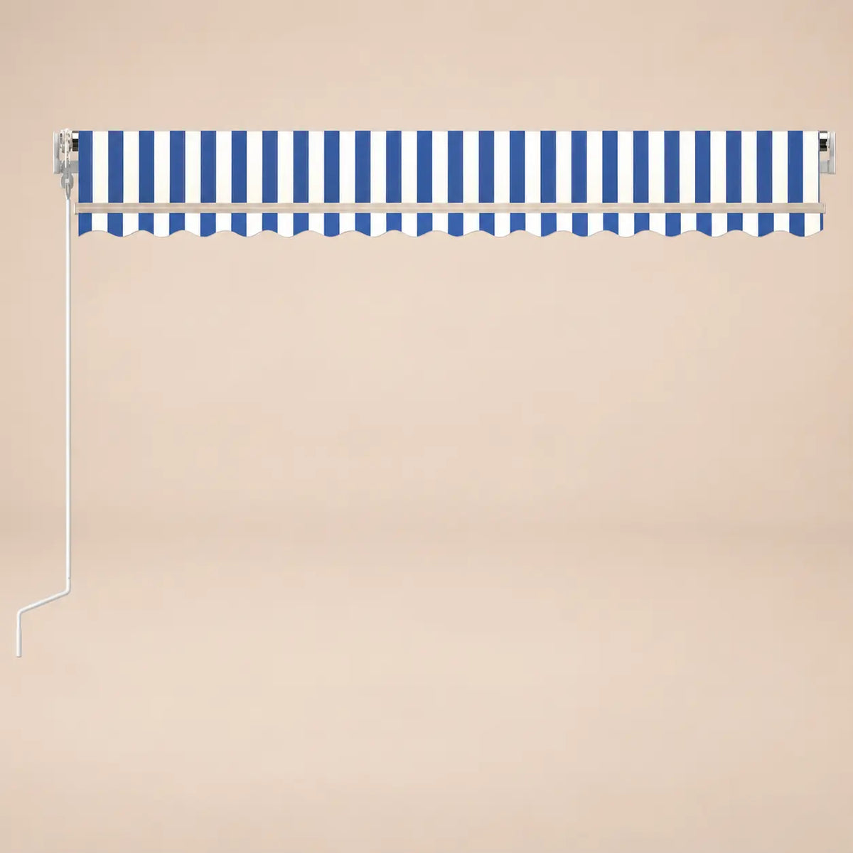 Blue and white striped retractable awning fully retracted, front view with scalloped valance
