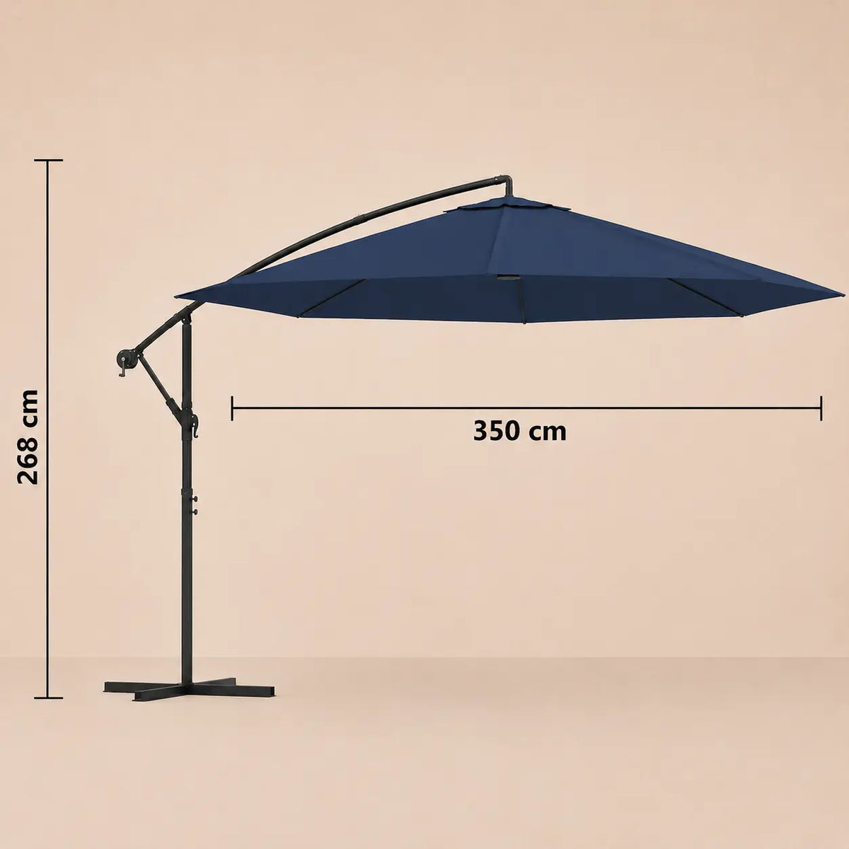 Round cantilever umbrella 3.5m diameter 268cm height with cross base – Marin Blue dimensions