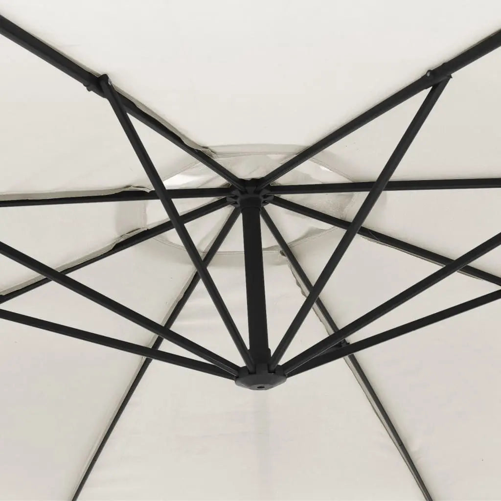 Round cantilever umbrella underside view showing double-layer 8-spoke aluminium rib frame – Zephyr 3.5m Sand White
