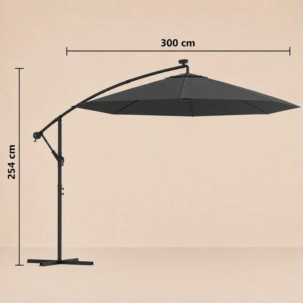 Round cantilever umbrella 3m diameter 254cm height with cross base and solar panel – Libeccio Anthracite dimensions