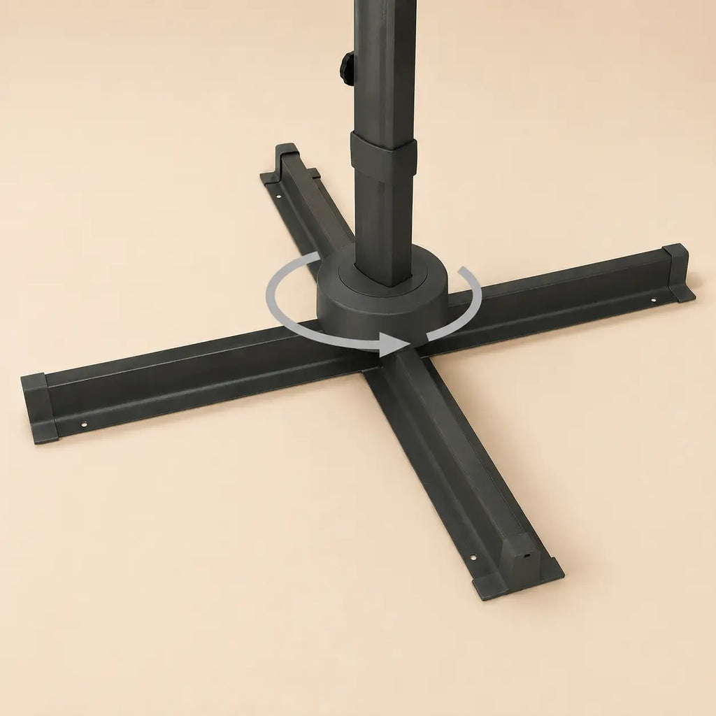 360-degree rotating cross base of the Sirocco cantilever umbrella for easy repositioning without moving the stand