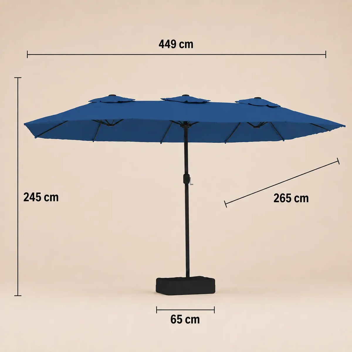 Double canopy market umbrella dimensions diagram: 449 cm length, 265 cm width, 245 cm height, azure blue