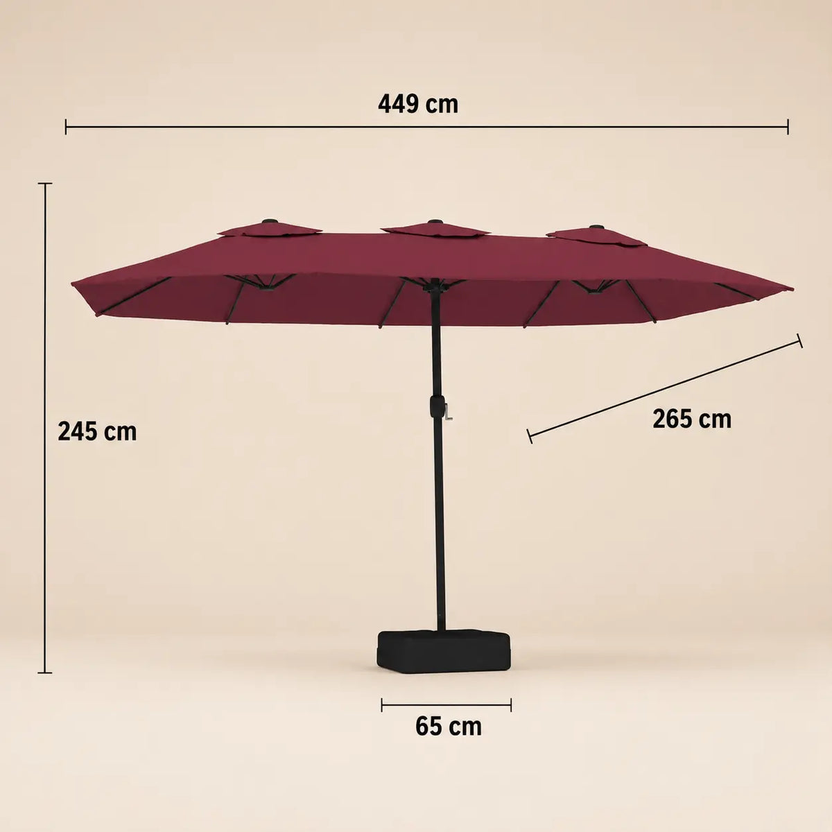 Double canopy market umbrella dimensions diagram: 449 cm length, 265 cm width, 245 cm height, bordeaux