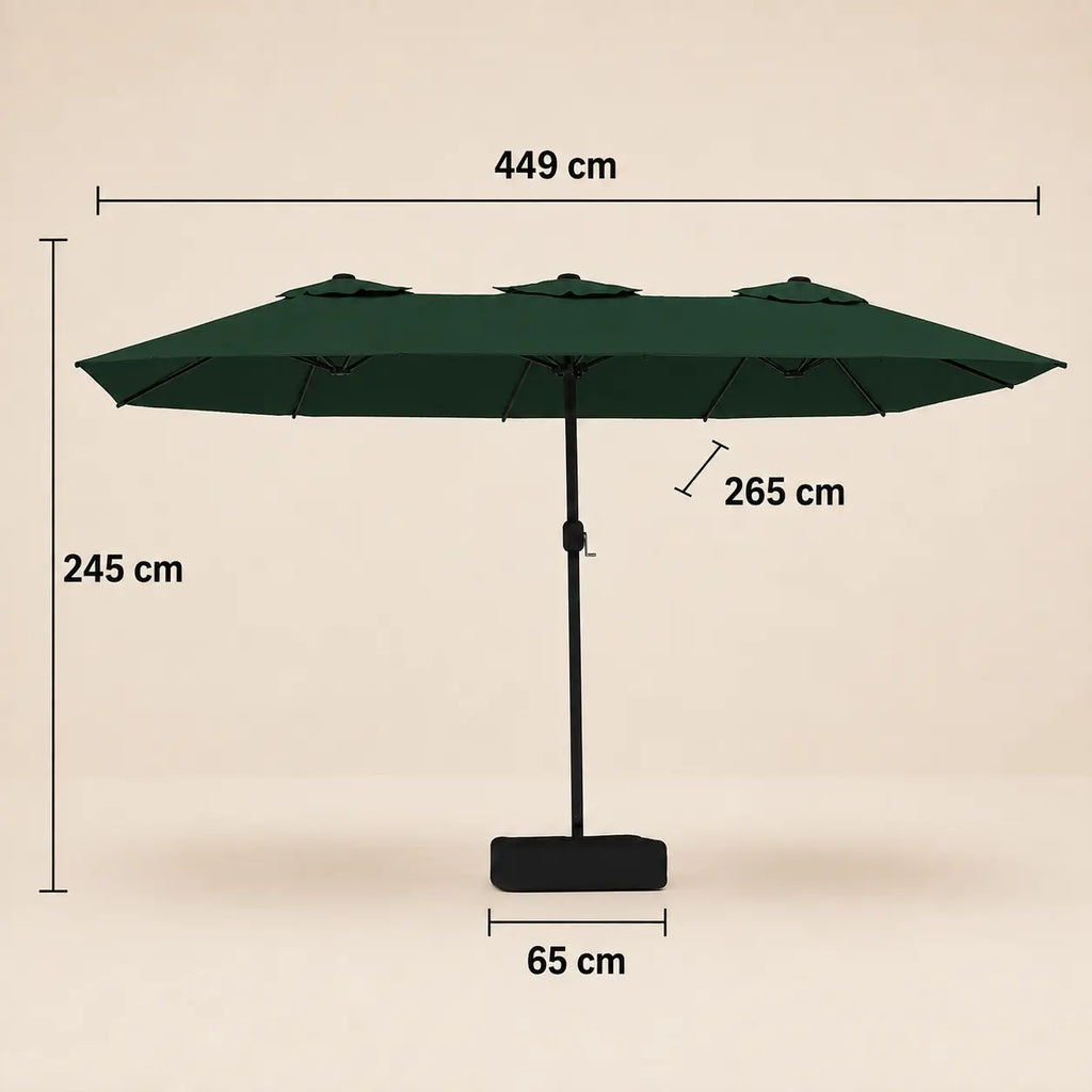 Double canopy market umbrella dimensions diagram: 449 cm length, 265 cm width, 245 cm height, green