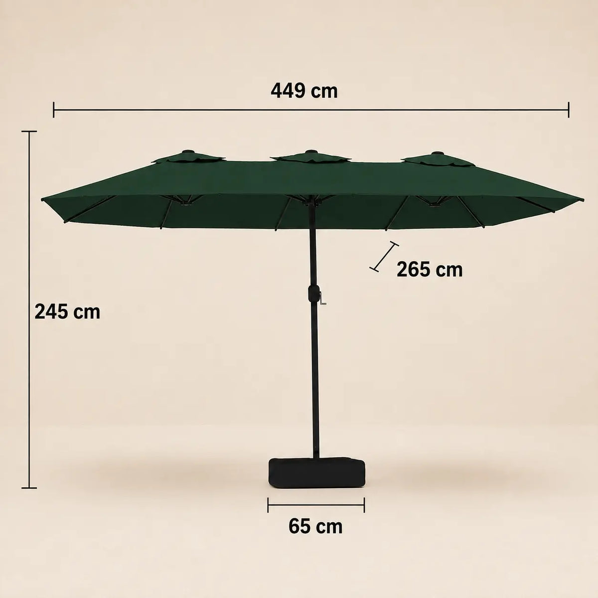 Double canopy market umbrella dimensions diagram: 449 cm length, 265 cm width, 245 cm height, green