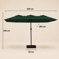 Double canopy market umbrella dimensions diagram: 449 cm length, 265 cm width, 245 cm height, green