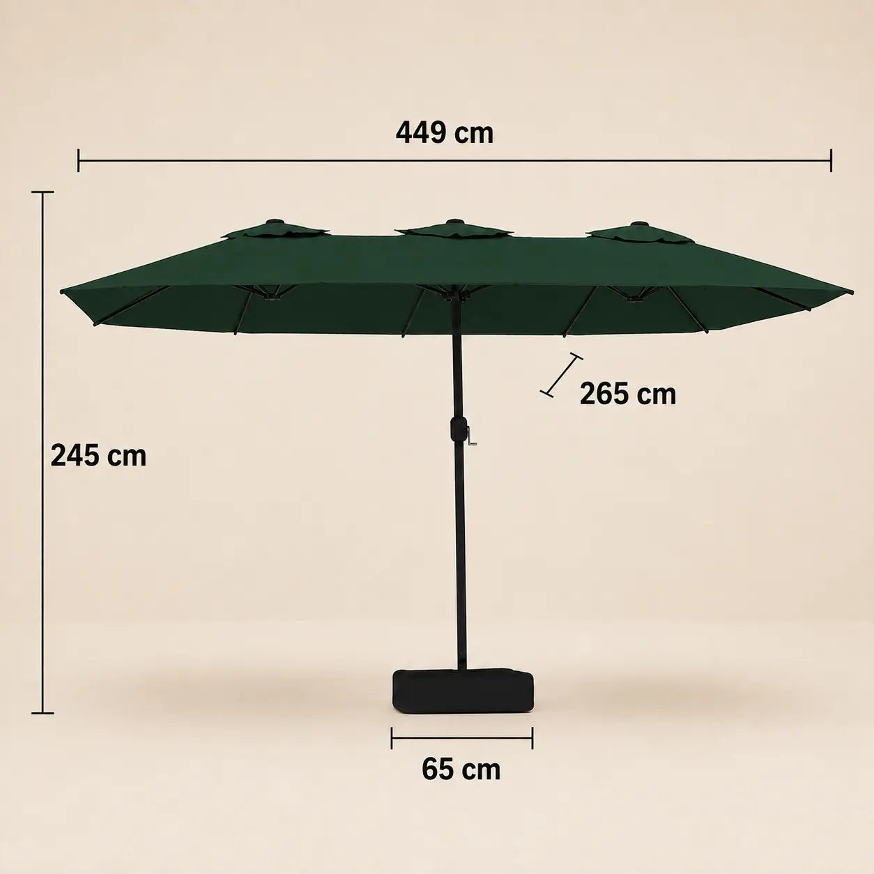 Double canopy market umbrella dimensions diagram: 449 cm length, 265 cm width, 245 cm height, green