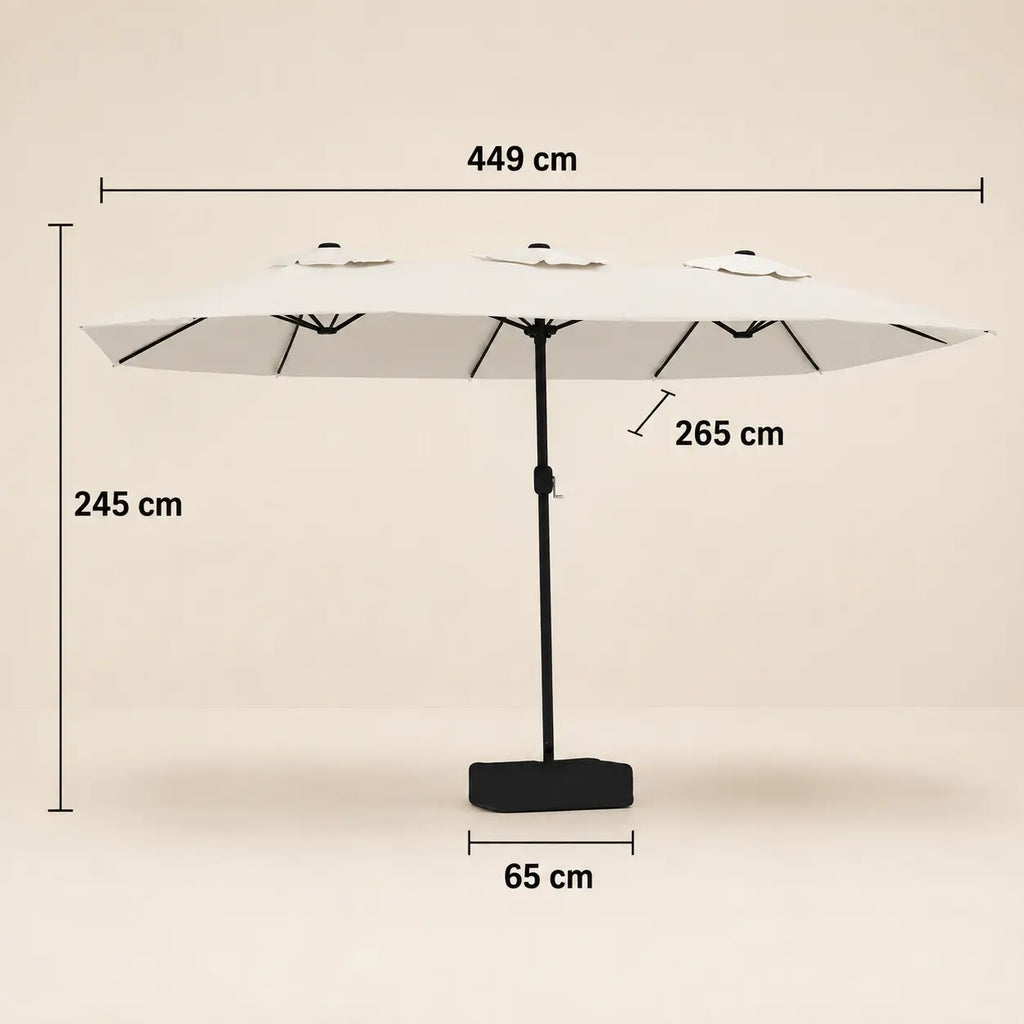 Double canopy market umbrella dimensions diagram: 449 cm length, 265 cm width, 245 cm height, sand white