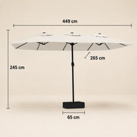 Double canopy market umbrella dimensions diagram: 449 cm length, 265 cm width, 245 cm height, sand white