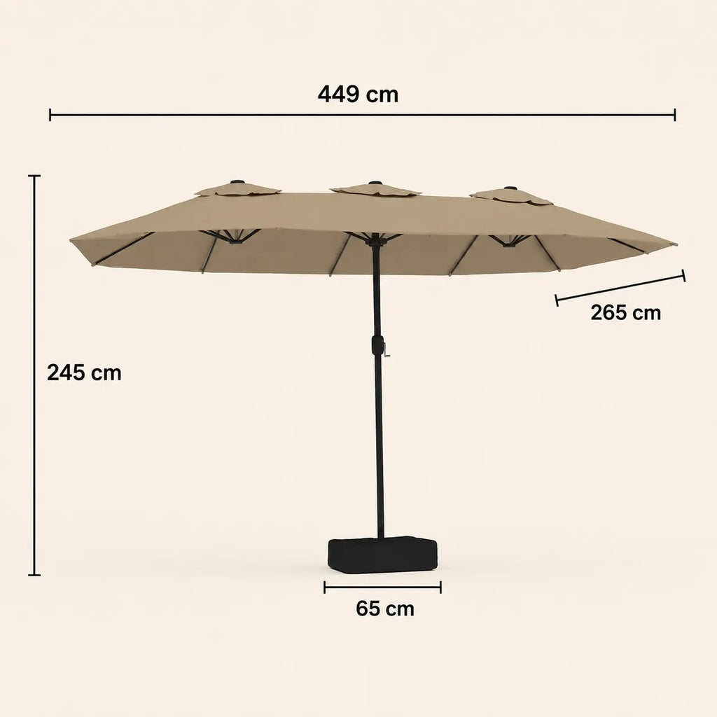 Double canopy market umbrella dimensions diagram: 449 cm length, 265 cm width, 245 cm height, taupe