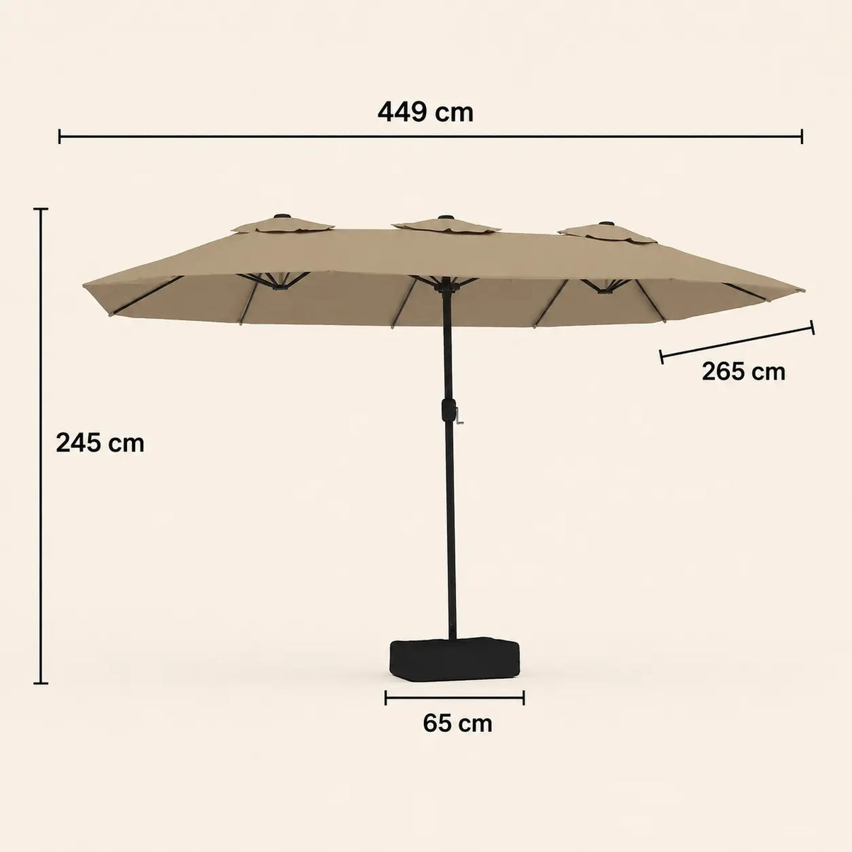 Double canopy market umbrella dimensions diagram: 449 cm length, 265 cm width, 245 cm height, taupe