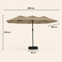 Double canopy market umbrella dimensions diagram: 449 cm length, 265 cm width, 245 cm height, taupe