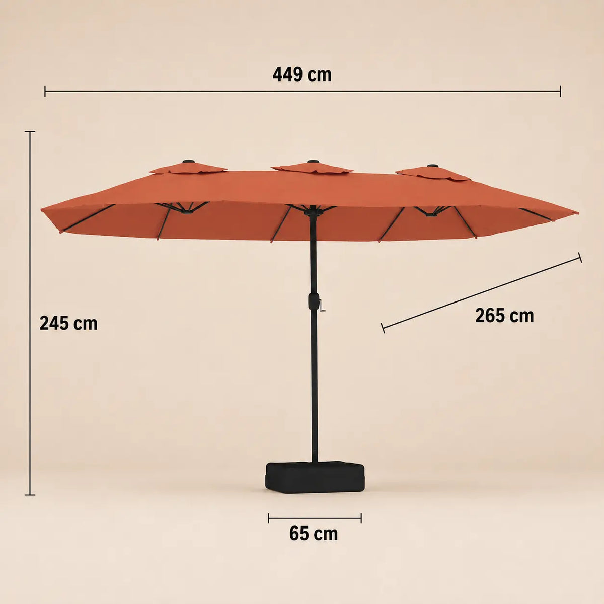 Double canopy market umbrella dimensions diagram: 449 cm length, 265 cm width, 245 cm height, terracotta