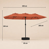 Double canopy market umbrella dimensions diagram: 449 cm length, 265 cm width, 245 cm height, terracotta