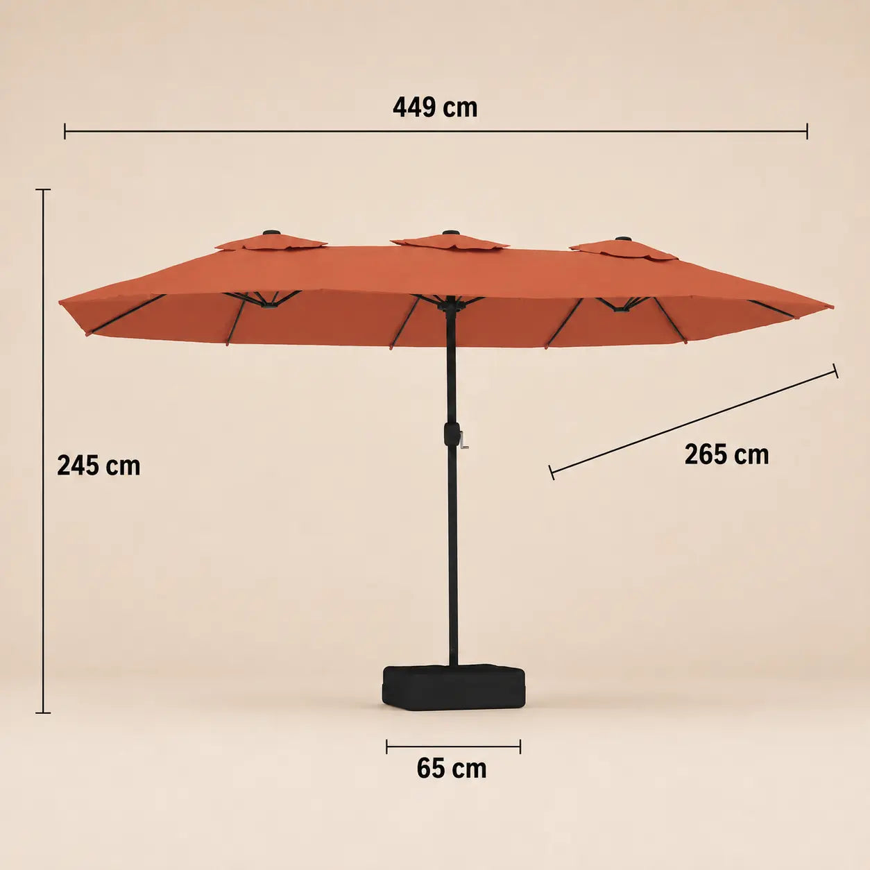 Double canopy market umbrella dimensions diagram: 449 cm length, 265 cm width, 245 cm height, terracotta