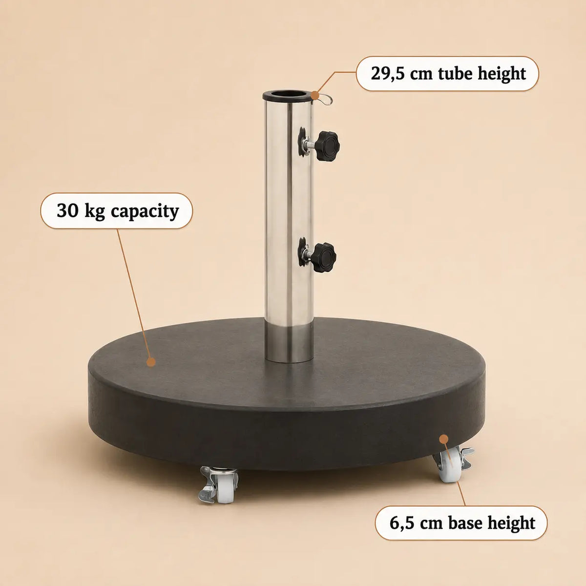 Mobile granite umbrella base specifications – 30kg capacity, 29.5cm tube height, 6.5cm base height, 4-wheel rolling stand