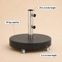 Mobile granite umbrella base specifications – 30kg capacity, 29.5cm tube height, 6.5cm base height, 4-wheel rolling stand