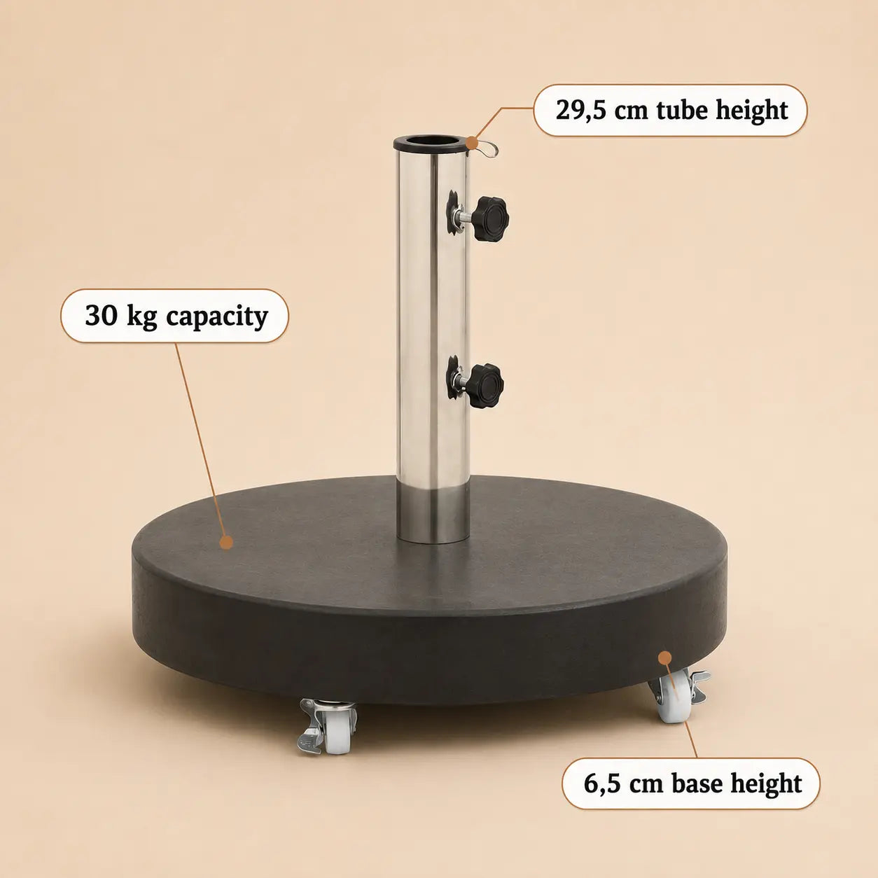 Mobile granite umbrella base specifications – 30kg capacity, 29.5cm tube height, 6.5cm base height, 4-wheel rolling stand