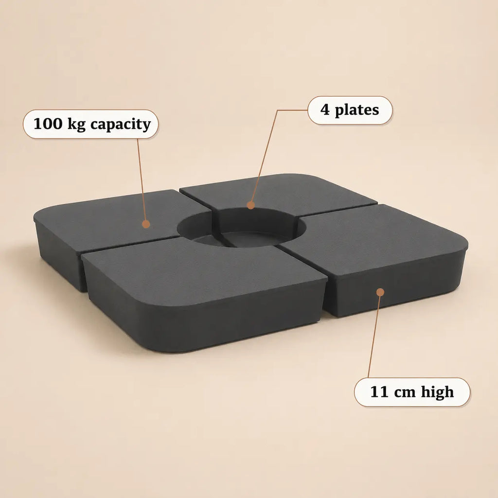 Cantilever umbrella base weight – 4-plate sand-fill kit, 100kg capacity, 11cm high, dark grey, Holdfast outdoor anchor