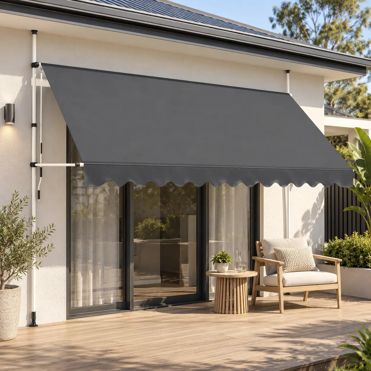 anthracite retractable awning white frame shading australian outdoor patio