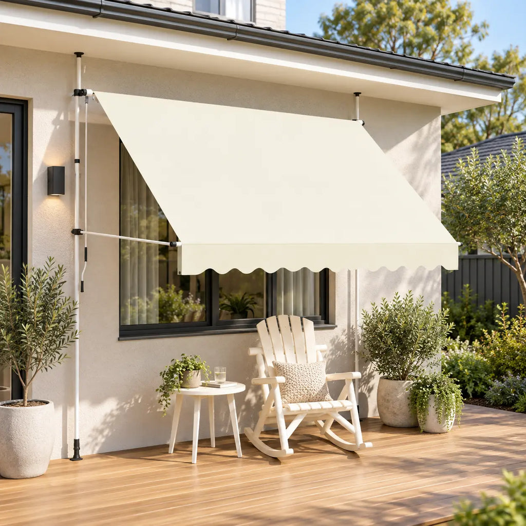 cream retractable awning white frame shading australian outdoor patio