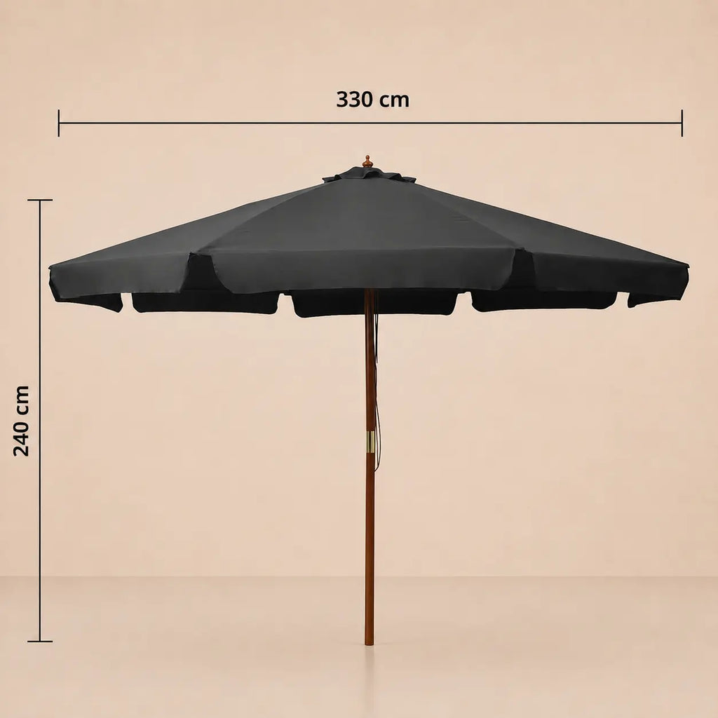 Market umbrella dimensions diagram: 330 cm diameter and 240 cm height, anthracite hardwood pole
