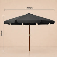 Market umbrella dimensions diagram: 330 cm diameter and 240 cm height, anthracite hardwood pole