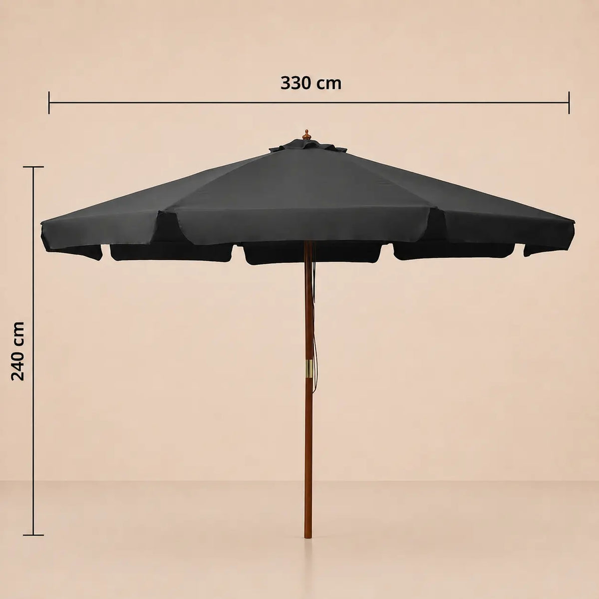 Market umbrella dimensions diagram: 330 cm diameter and 240 cm height, anthracite hardwood pole