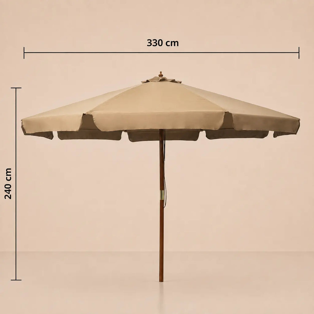 Market umbrella dimensions diagram: 330 cm diameter and 240 cm height, taupe hardwood pole