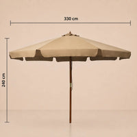Market umbrella dimensions diagram: 330 cm diameter and 240 cm height, taupe hardwood pole