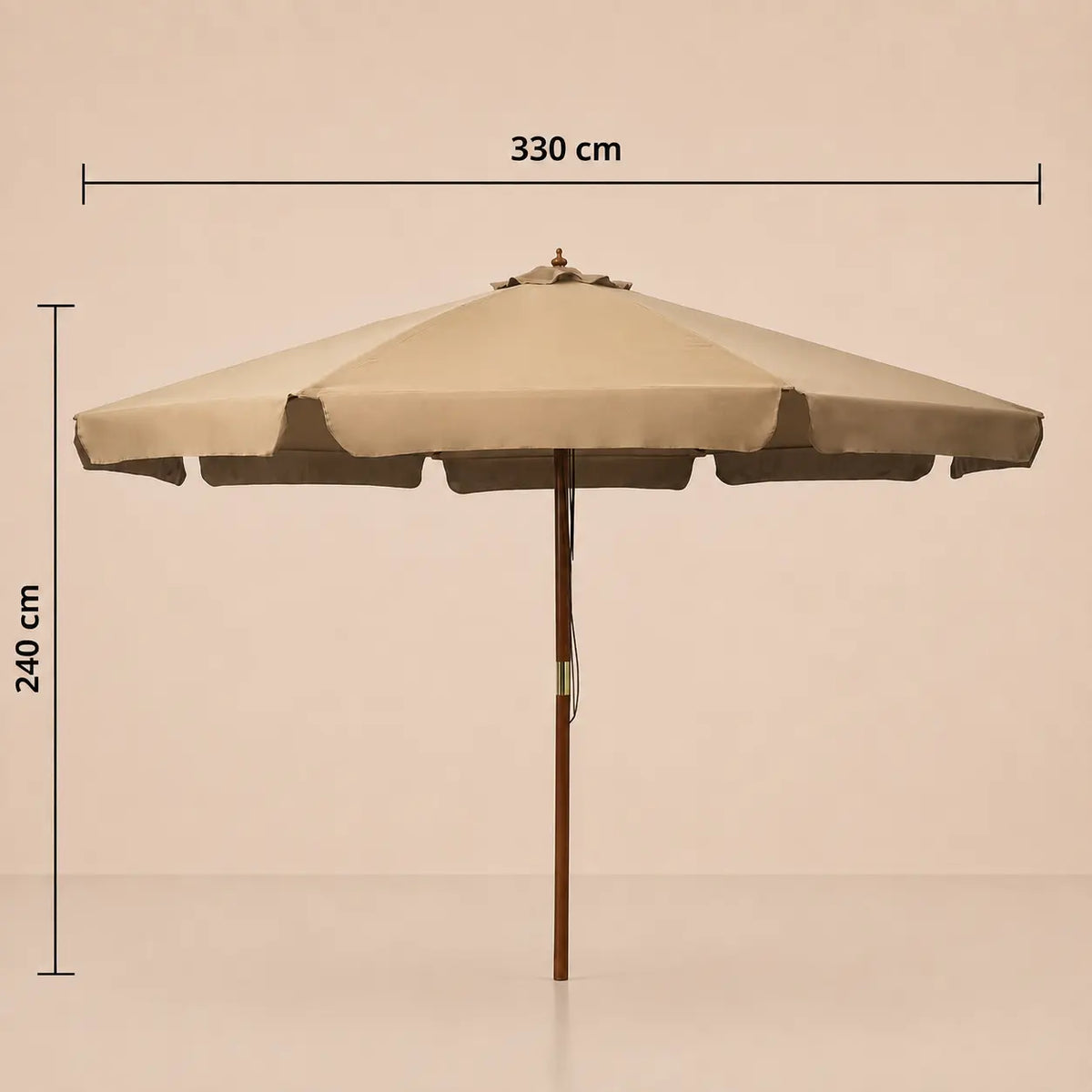Market umbrella dimensions diagram: 330 cm diameter and 240 cm height, taupe hardwood pole