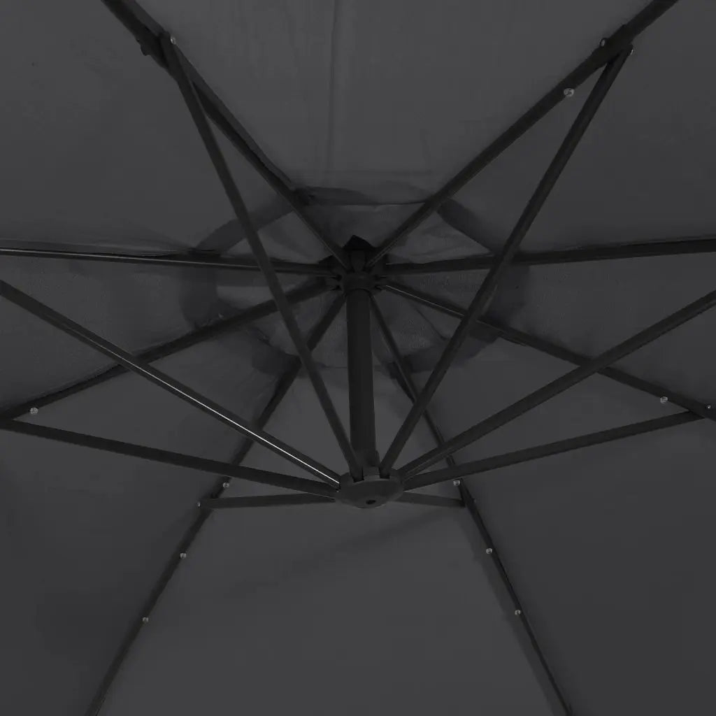 Round cantilever umbrella underside view showing 8-spoke aluminium rib frame with LED lighting points – Maestro 3m Black