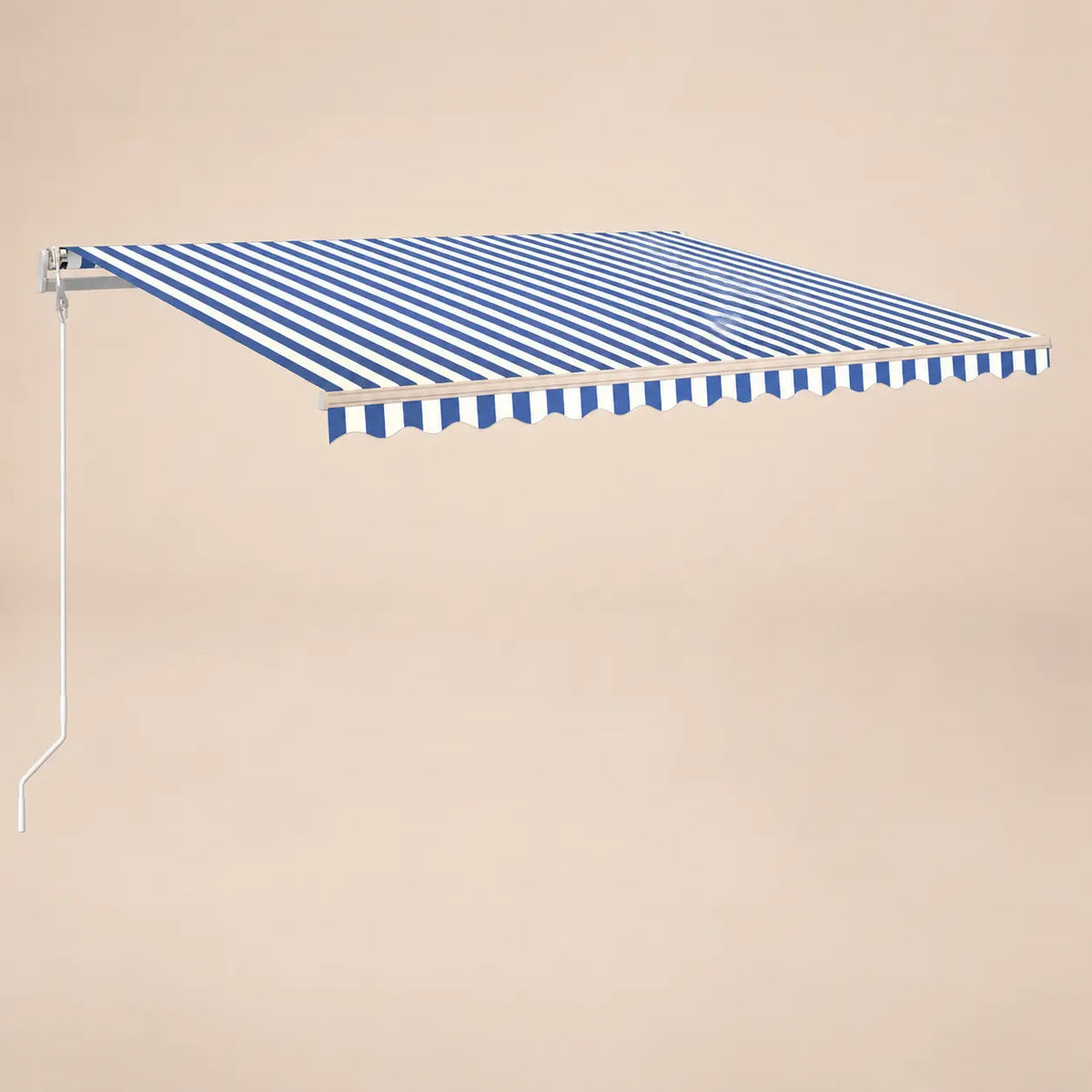 Blue and white striped automatic retractable awning with hand crank, deployed side view